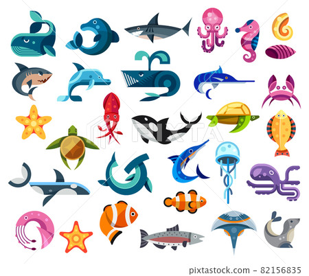 Fishes and sea animals flat icons of ocean life 82156835