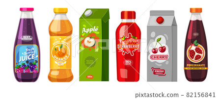 Juice packages in carton boxes and plastic bottles Juice packages in carton boxes and plastic bottles 82156841