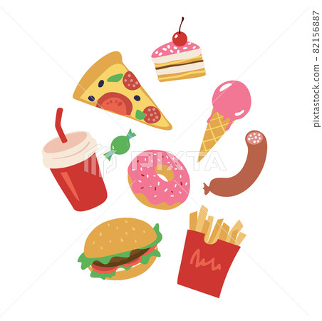 Lunch from fast food restaurant pizza hamburger soda and cake. Junk food illustrations set. Vector illustration isolated on white background. 82156887