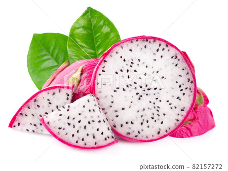 Dragon fruit with green leaves, isolated on white background. Slice of fresh Pitaya or Pitahaya fruit with clipping path. Dragon fruit with green leaves, isolated on white background. Slice of fresh Pitaya or Pitahaya fruit with clipping path. 82157272