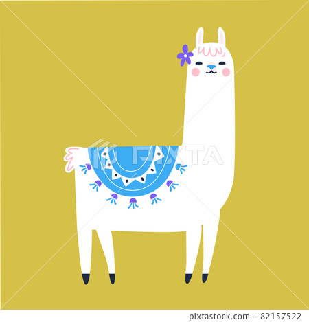 Llama cartoon character. Traditional tassel and flower decoration. Cute lama illustration. 82157522