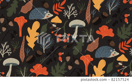 Autumn pattern, seamless fall background. Orange, brown and yellow leaves, mushrooms, berries and hedgehog. Forest nature illustrations. 82157524