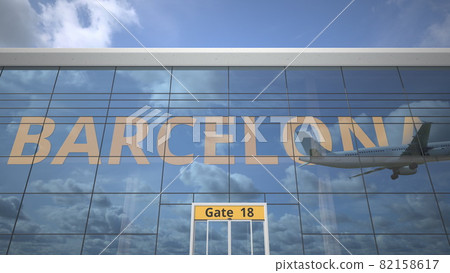 BARCELONA text revealed with landing airplane on airport building. 3d rendering BARCELONA text revealed with landing airplane on airport building. 3d rendering 82158617