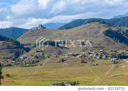Panoramic view to Omalo mountain village in Tusheti nature reserve. Georgia Panoramic view to Omalo mountain village in Tusheti nature reserve. Georgia 82159733