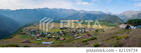 Panoramic view to Omalo mountain village in Tusheti nature reserve. Georgia Panoramic view to Omalo mountain village in Tusheti nature reserve. Georgia 82159734