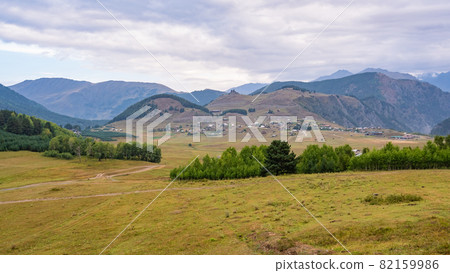 Panoramic view to Omalo mountain village in Tusheti nature reserve. Georgia Panoramic view to Omalo mountain village in Tusheti nature reserve. Georgia 82159986