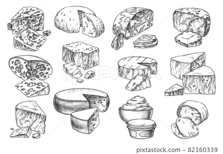 Sketch icons of cheese sorts, whole and slices Sketch icons of cheese sorts, whole and slices 82160339
