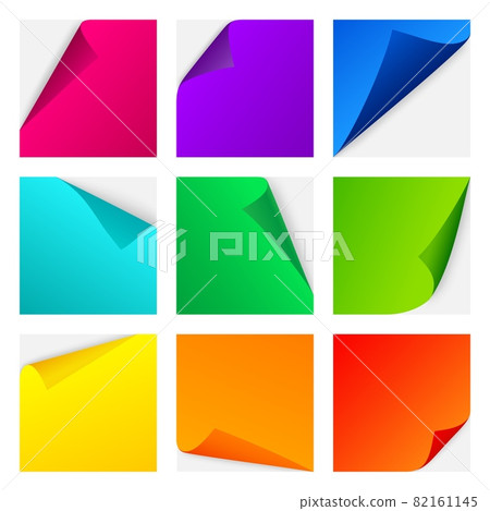 Color paper curl stickers. Realistic bright pages for notes with curving corners, different colors paper pieces for memo writes, empty mockup, school and office stationery vector isolated set Color paper curl stickers. Realistic bright pages for notes with curving corners, different colors paper pieces for memo writes, empty mockup, school and office stationery vector isolated set 82161145