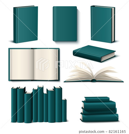 Realistic color books mockup. 3d empty elegant design book template, dark green hardcover and ivory color pages, volumes thick, different angles view, single and stacks, vector isolated set Realistic color books mockup. 3d empty elegant design book template, dark green hardcover and ivory color pages, volumes thick, different angles view, single and stacks, vector isolated set 82161165