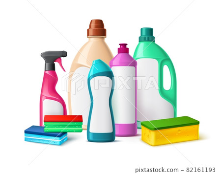 Detergent bottles composition. Realistic domestic chemical cleaning products group, plastic color packaging, laundry and household hygiene package with blank labels vector 3d isolated concept Detergent bottles composition. Realistic domestic chemical cleaning products group, plastic color packaging, laundry and household hygiene package with blank labels vector 3d isolated concept 82161193