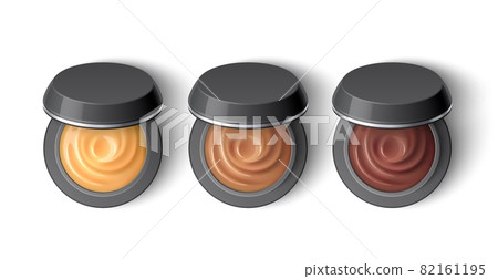 Cream eyeshadow top view. Realistic half-open jars with cosmetic, natural brown colors professional beauty product, different shades eyebrow paint blank containers, vector 3d isolated set Cream eyeshadow top view. Realistic half-open jars with cosmetic, natural brown colors professional beauty product, different shades eyebrow paint blank containers, vector 3d isolated set 82161195