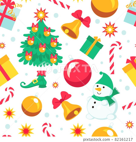 Seamless pattern christmas gifts. Winter holiday kids background, funny characters, snowman, new year tree, toys and caramel canes isolated on white, vector wrapping paper, print or fabric 82161217