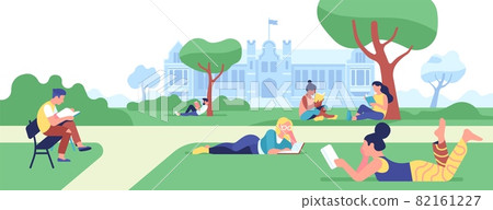 Campus reading books. College students preparing for classes in park. Boys and girls studying outdoor. People learning in university courtyard. Teenagers resting on lawn. Vector concept Campus reading books. College students preparing for classes in park. Boys and girls studying outdoor. People learning in university courtyard. Teenagers resting on lawn. Vector concept 82161227