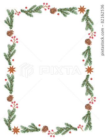 Hand-painted Christmas fir tree (Christmas tree) and dried nuts line frame 82162536