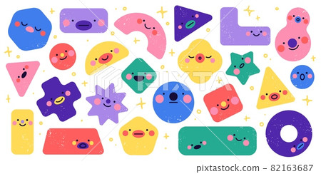 Geometric shapes characters. Funny different simple figures, square triangle and circle forms, cute faces, abstract color kids characters, cartoon emotions design, vector with texture set 82163687