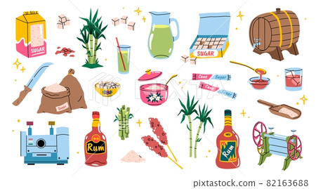 Cartoon sugarcane. Bamboo agriculture products. Sugar and rum manufacturing. Tropical cane plants with leaves and stems. Refined sweet pieces. Vector sweetener production elements set 82163688