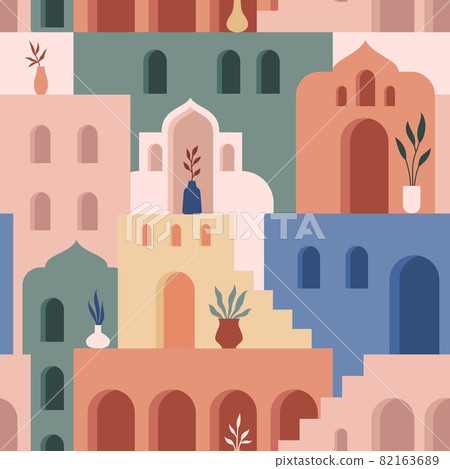 Abstract architecture. Minimalist geometric building shapes seamless pattern, moroccan oriental streets, bohemian aesthetic. Vector concept. Decor textile, wrapping paper, print or fabric 82163689