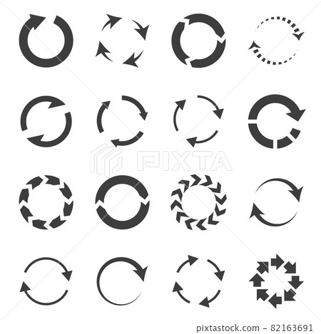 Reload arrows combinations. Rotating looping shapes. Black silhouette download symbols. Round refresh and connected signs set. Motion objects group. Vector graphic circular pictograms 82163691