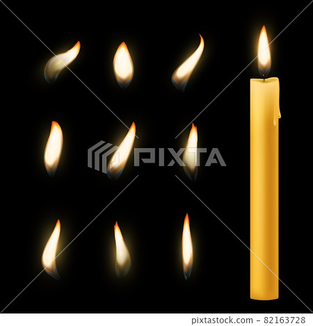 Flame candle. Holiday romantic wax burning natural color candles, warm fire light close-up wick for animation picture, spa or christmas dinner decoration. Vector 3d isolated on black set Flame candle. Holiday romantic wax burning natural color candles, warm fire light close-up wick for animation picture, spa or christmas dinner decoration. Vector 3d isolated on black set 82163728