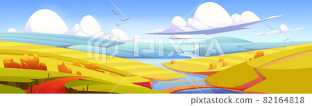 Autumn landscape with river and hay bales on field Autumn landscape with river and hay bales on field 82164818