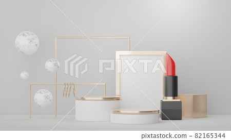 3d Display Podium for product and cosmetic presentation with lipstick and modern geometric. Platform for mock up and showing brand. Minimal clean design. 3d Display Podium for product and cosmetic presentation with lipstick and modern geometric. Platform for mock up and showing brand. Minimal clean design. 82165344