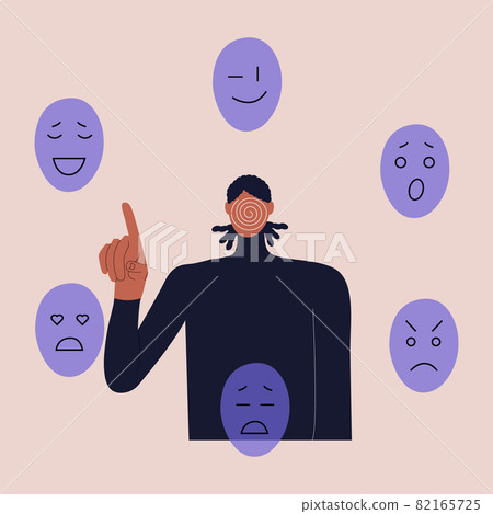 A black man without a face chooses a mask to express various emotions. The concept of personality changes in accordance with social requirements and pressures. Vector in a flat style. Eps 10. 82165725