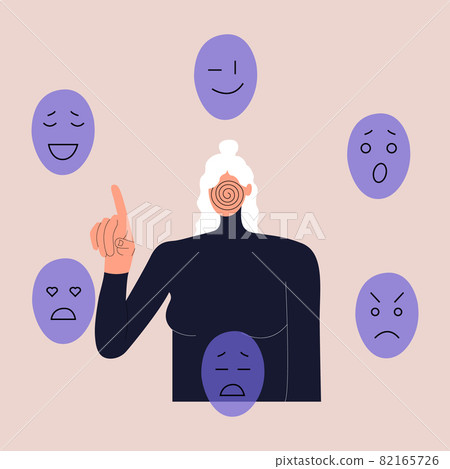 A woman chooses a mask to express various emotions. Concept of changing personality to conform to social requirements and pressure. Vector illustration in a flat style. Eps 10. A woman chooses a mask to express various emotions. Concept of changing personality to conform to social requirements and pressure. Vector illustration in a flat style. Eps 10. 82165726