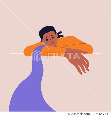 A psychological portrait of a black crying man with his head down. River of Tears. An anxiety and depression concept, psychotherapy. Vector illustration in a flat style. Eps 10. 82165731