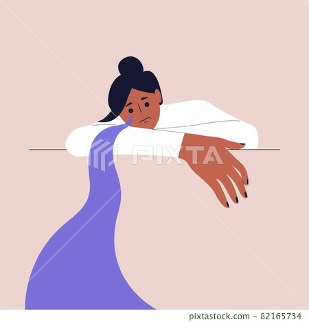 A psychological portrait of a black crying girl with her head down. River of Tears. An anxiety and depression concept, psychotherapy. Vector illustration in a flat style. Eps 10. A psychological portrait of a black crying girl with her head down. River of Tears. An anxiety and depression concept, psychotherapy. Vector illustration in a flat style. Eps 10. 82165734