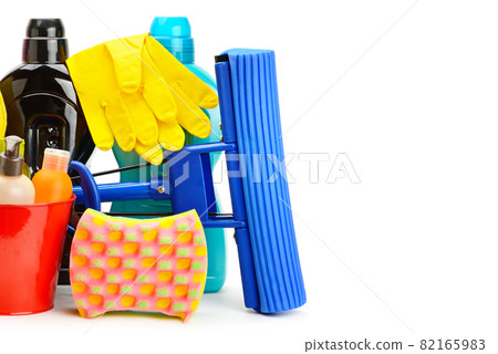 various household cleaning products isolated on a white background. Free space for text. various household cleaning products isolated on a white background. Free space for text. 82165983