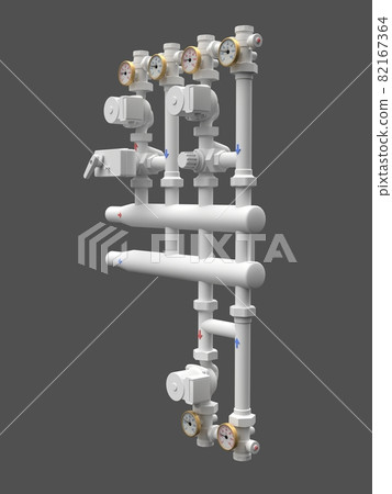 3d model of an industrial pump and pipe section with shut off valves. 3d illustration 82167364