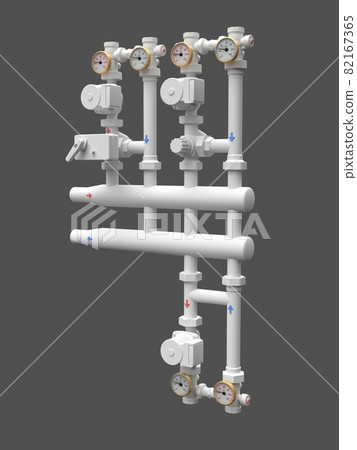 3d model of an industrial pump and pipe section with shut off valves. 3d illustration 82167365