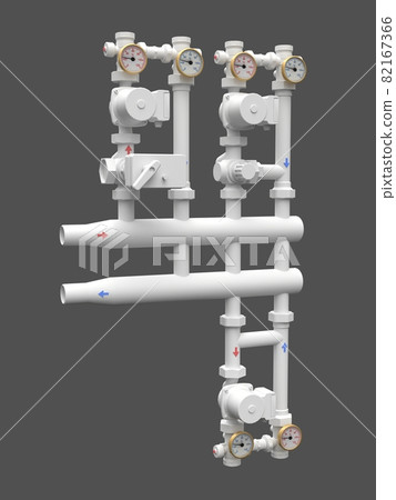 3d model of an industrial pump and pipe section with shut off valves. 3d illustration 82167366