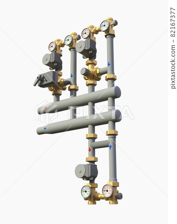 3d model of an industrial pump and pipe section with shut off valves on a white isolated background. 3d illustration 82167377