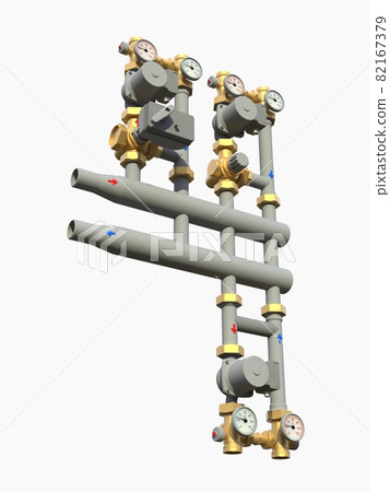 3d model of an industrial pump and pipe section with shut off valves on a white isolated background. 3d illustration 82167379