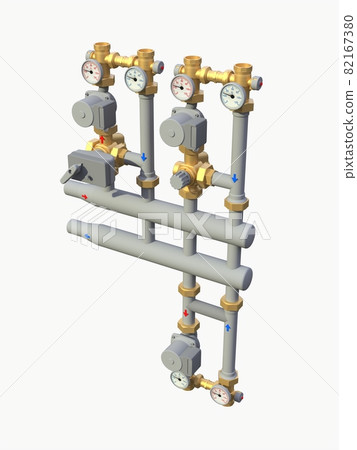 3d model of an industrial pump and pipe section with shut off valves on a white isolated background. 3d illustration 82167380