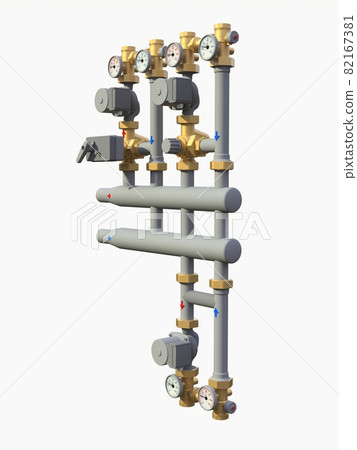 3d model of an industrial pump and pipe section with shut off valves on a white isolated background. 3d illustration 82167381