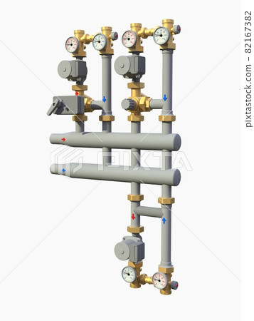 3d model of an industrial pump and pipe section with shut off valves on a white isolated background. 3d illustration 82167382