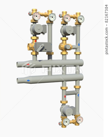 3d model of an industrial pump and pipe section with shut off valves on a white isolated background. 3d illustration 3d model of an industrial pump and pipe section with shut off valves on a white isolated background. 3d illustration 82167384