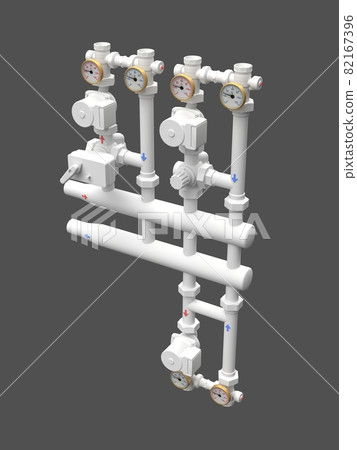 3d model of an industrial pump and pipe section with shut off valves. 3d illustration 82167396