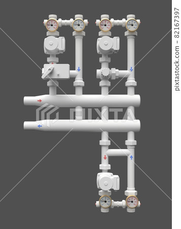 3d model of an industrial pump and pipe section with shut off valves. 3d illustration 82167397