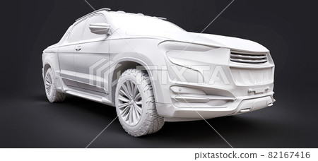 3D illustration of concept cargo pickup truck on grey isolated background. 3d rendering. 3D illustration of concept cargo pickup truck on grey isolated background. 3d rendering. 82167416