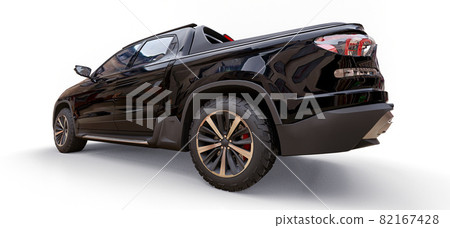 3D illustration of black concept cargo pickup truck on white isolated background. 3d rendering. 82167428