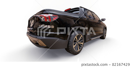 3D illustration of black concept cargo pickup truck on white isolated background. 3d rendering. 3D illustration of black concept cargo pickup truck on white isolated background. 3d rendering. 82167429