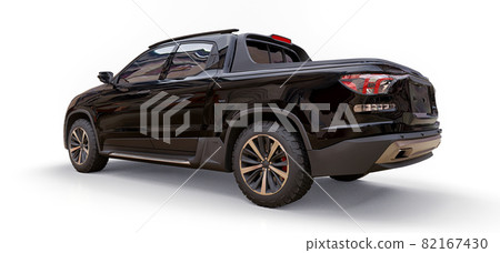 3D illustration of black concept cargo pickup truck on white isolated background. 3d rendering. 3D illustration of black concept cargo pickup truck on white isolated background. 3d rendering. 82167430