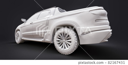 3D illustration of concept cargo pickup truck on grey isolated background. 3d rendering. 3D illustration of concept cargo pickup truck on grey isolated background. 3d rendering. 82167431
