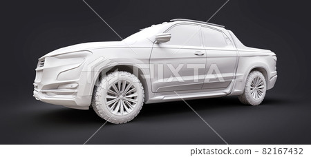 3D illustration of concept cargo pickup truck on grey isolated background. 3d rendering. 3D illustration of concept cargo pickup truck on grey isolated background. 3d rendering. 82167432