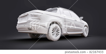 3D illustration of concept cargo pickup truck on grey isolated background. 3d rendering. 3D illustration of concept cargo pickup truck on grey isolated background. 3d rendering. 82167433
