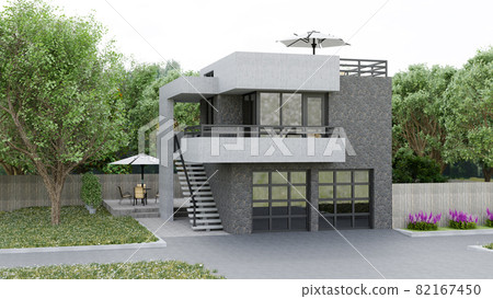 Modern house with garden and garage. 3d rendering. 82167450
