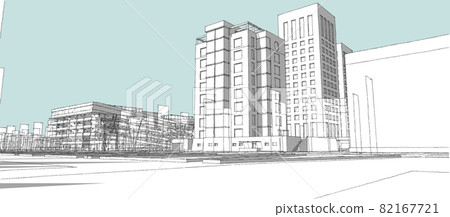 Modern city with tall buildings, skyscrapers, a lawn and trees. 3D illustration. Modern city with tall buildings, skyscrapers, a lawn and trees. 3D illustration. 82167721